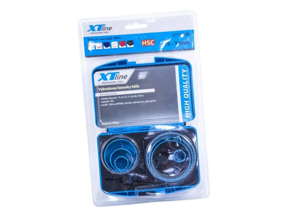 XTLINE Sada vykružovacích korunek 9 dílů | 19-73 mm, plastový box Autentický